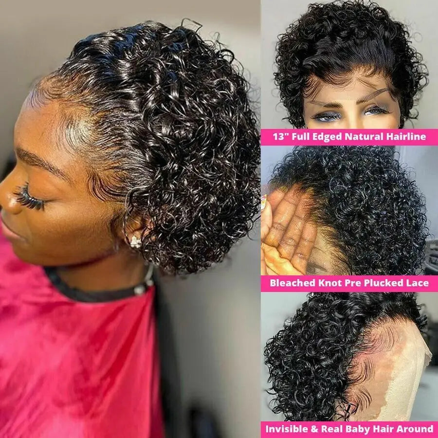 Crown & Glory Wigs  Pixie Cut Wigs Short Kinky Curly Lace Front Human Hair Wigs 13x2 Transparent Lace Frontal Wigs 1B/99 Ombre Water Wave Bob Wig