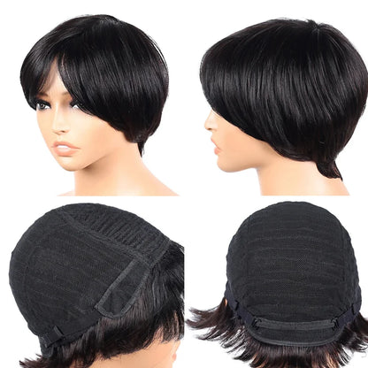 Crown & Glory Wigs  Pixie Cut 100% Full machine Human Hair Wig with Bangs for Women Short Layered Human Hair Brazilian Natural Black Hairs Cheap Wig