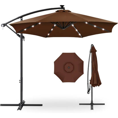 Outdoor 10ft Solar LED Offset Hanging Market Patio Umbrella for Backyard, Poolside, Lawn and Garden w/Easy Tilt Adjustment