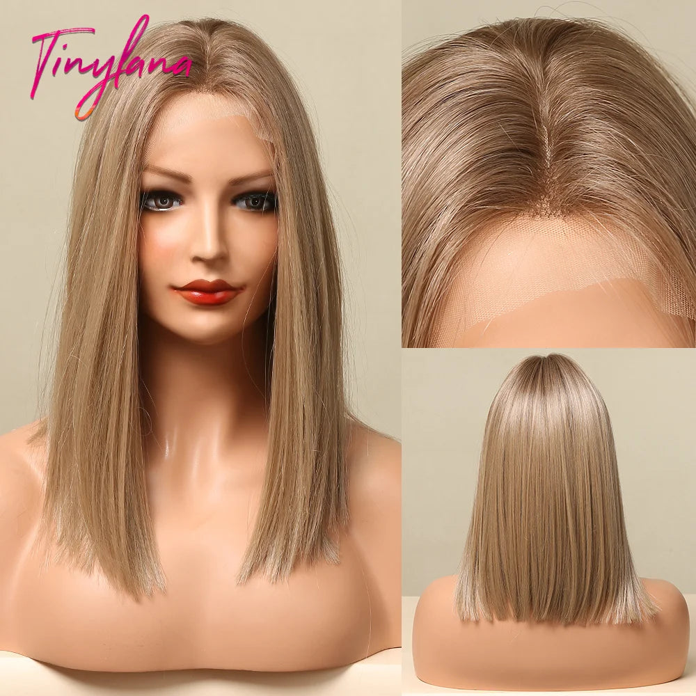 Crown & Glory Wigs   Brown Blonde Lace Front Wigs Short Straight Bob Synthetic Lace Frontal Wig with Baby Hair for Women Blunt Cut Natural Daily Hair