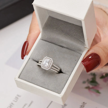 Jewellery  Solid 925 Silver Wedding Jewellry Double Halo Radiant Cut Engagement Bridal Rings for Women White AAAAA Cubic Zirconia