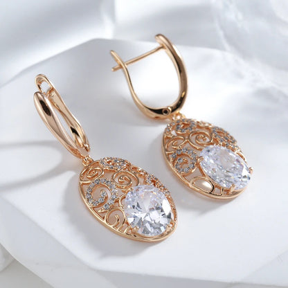 Jewellery    Rose Gold Color Crystal Flower Long Earring for Women Glossy Big Natural Zircon Drop Earring Trend Daily Jewelry