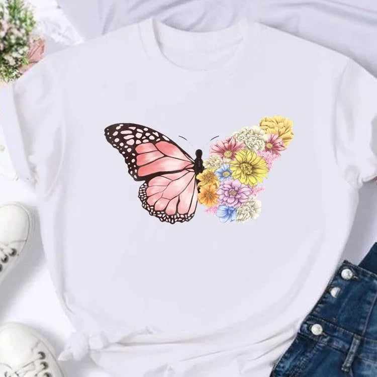 Woman clothingButterfly Letter Printed Short-sleeved T-shirt Tops  Graphic T Shirts  Harajuku