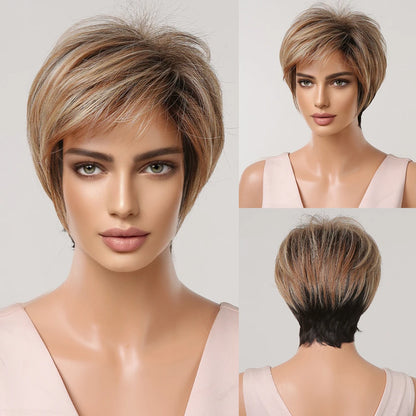 Crown & Glory Wigs HENRY MARGU Dark Root Ombre Brown Blonde Short Hair Wigs Fluffy Pixie Cut Synthetic Wig for Black White Women Heat Resistant