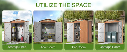 Outdoor Storage Shed, 5x3 Ft Metal Tiny House with Frame Floor Lockable Door, Vertical Outside Storage Building, Tool Storage