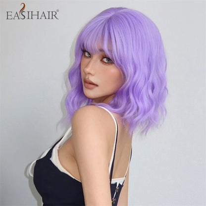 Crown & Glory Wigs   Short Synthetic Wigs Purple Blue Curly Wave Wigs with Bangs for Women Cosplay Party Halloween Colorful Bob Wigs Heat Resistant