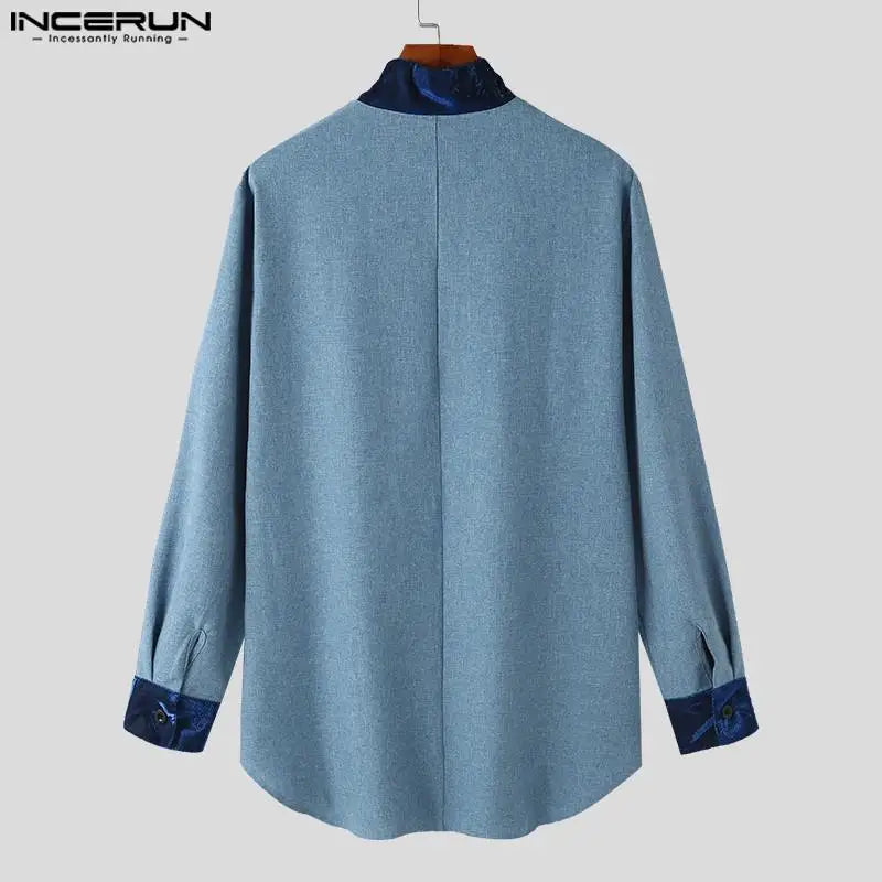 Muslim family   INCERUN Tops 2024 Muslim Style Hot Sale Mens Shirts Muslim Dual Color Patchwork Design Standing Collar Long Sleeved Blouse S-5XL