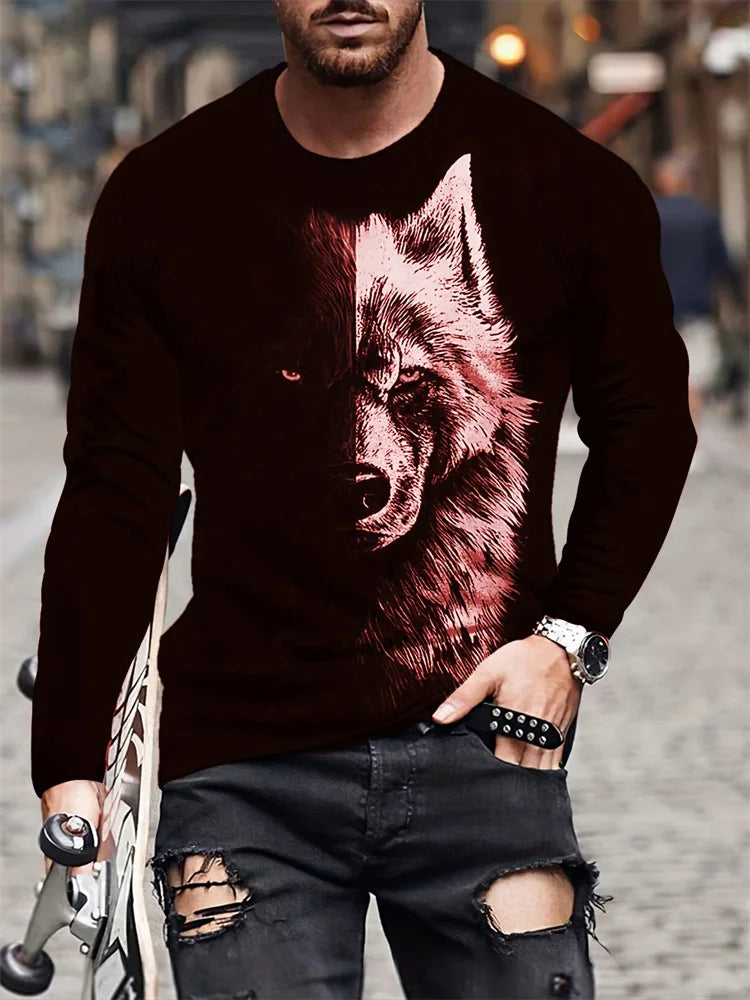 Men clothing Street Fashion Men's Long Sleeve T-shirt  Wolf Print