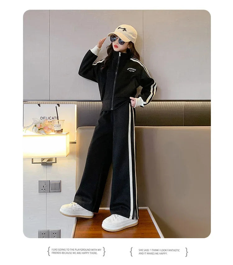 Girl clothing    Korean Spring Autumn Children Girl Sports Suit Teenager Girl Zipper Sweat Jackets+Wide-leg Sweatpants Junior Girl Tracksuit