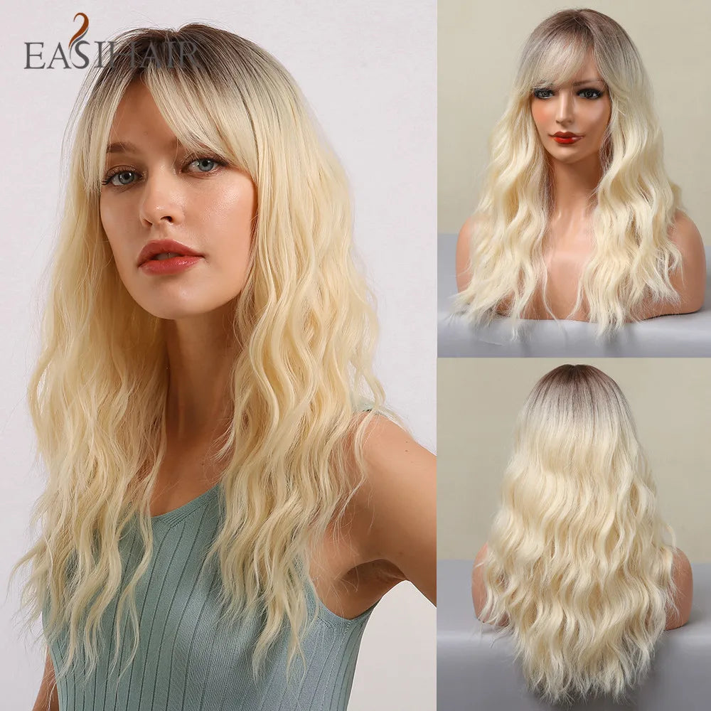 Crown & Glory Wigs EASIHAIR Ombre Brown Light Blonde Platinum Long Wavy Middle Part Hair Wig Cosplay Natural Heat Resistant Synthetic Wig for Women