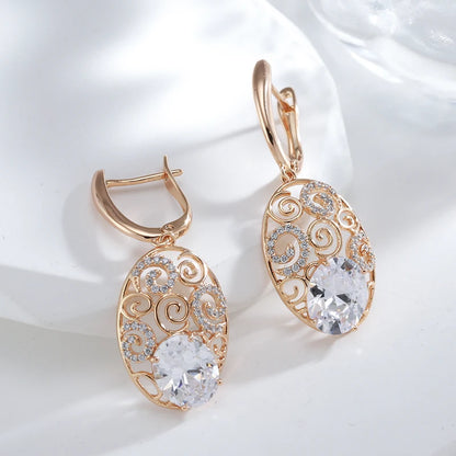 Jewellery    Rose Gold Color Crystal Flower Long Earring for Women Glossy Big Natural Zircon Drop Earring Trend Daily Jewelry