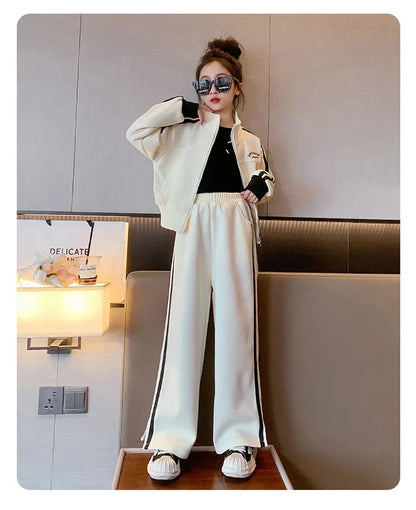 Girl clothing    Korean Spring Autumn Children Girl Sports Suit Teenager Girl Zipper Sweat Jackets+Wide-leg Sweatpants Junior Girl Tracksuit