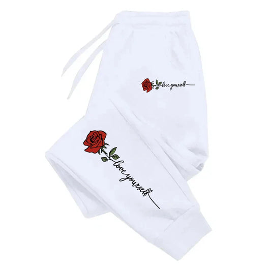 Woman clothing   Rose Printed All-match Casual Trousers Hip-hop Drawstring