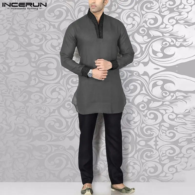 Muslim family   INCERUN Tops 2024 Muslim Style Hot Sale Mens Shirts Muslim Dual Color Patchwork Design Standing Collar Long Sleeved Blouse S-5XL