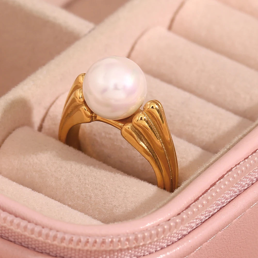 Jewellery  E.B.belle Casting Water Wave Texture Round Pearl Finger Rings For Woman Waterproof Steel Made Gold Color Index Ring