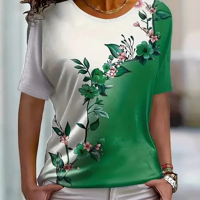 Woman clothing   Printed Colour Block Women's Casual T-Shirt - Crew Neck Short Sleeve