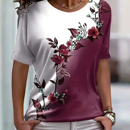 Woman clothing   Printed Colour Block Women's Casual T-Shirt - Crew Neck Short Sleeve