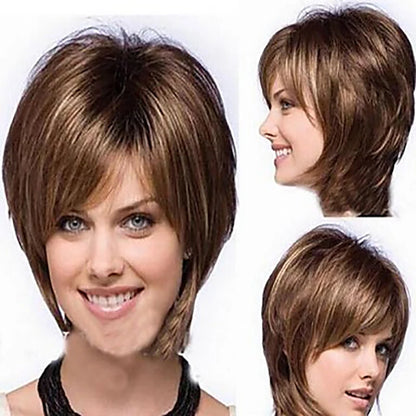 Crown & Glory Wigs  HAIRJOY Women Straight Bangs Style Pixie Cut Synthetic Hair Wig Brown Mixed Short Wigs Machine Made