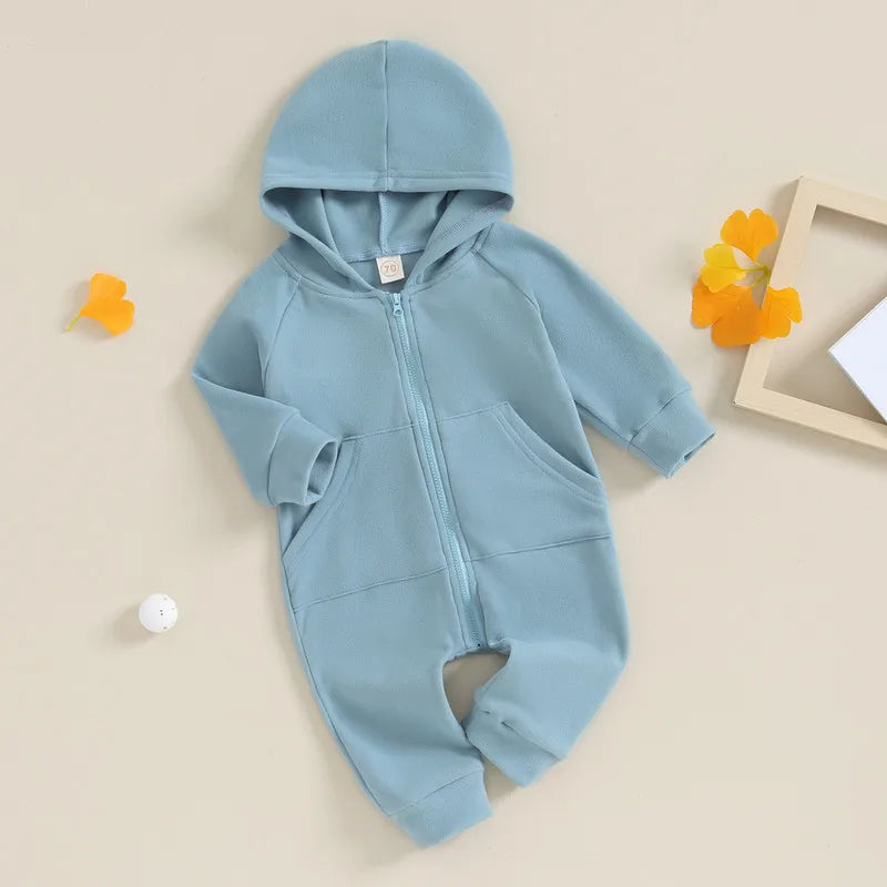 Boy clothing Newborn Baby Boy Hooded Romper Spring Autumn Clothes Solid Color Long Sleeve Zipper Jumpsuit for Kids Infant Baby Clothing