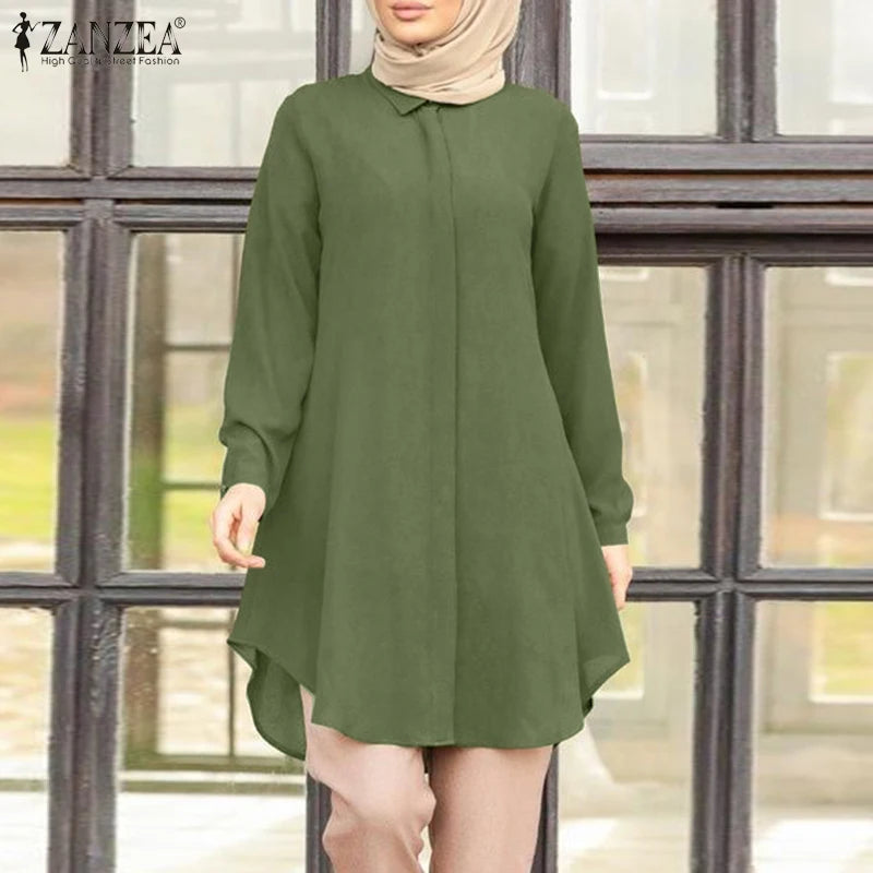 Muslim family Women  Muslim Blouse ZANZEA Spring Elegant Long Sleeve Solid Shirt  Turkey Tops Abaya Marocain Blusas IsIamic Clothing