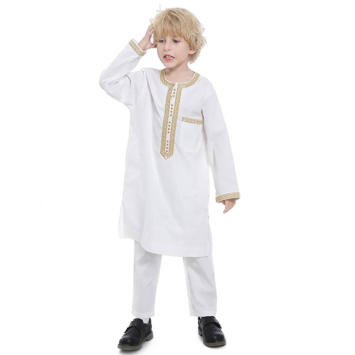 Muslim family    Muslim Kids Jubba Thobe Arab Boy Thobe Children Abaya Ramadan Dress Pant Set 2 Piece Caftan Robe Kaftan Musulman Ensembles