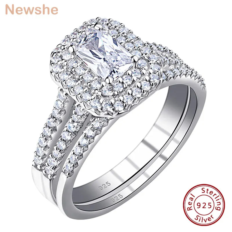 Jewellery  Solid 925 Silver Wedding Jewellry Double Halo Radiant Cut Engagement Bridal Rings for Women White AAAAA Cubic Zirconia