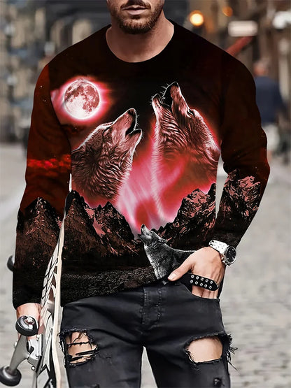 Men clothing Street Fashion Men's Long Sleeve T-shirt  Wolf Print