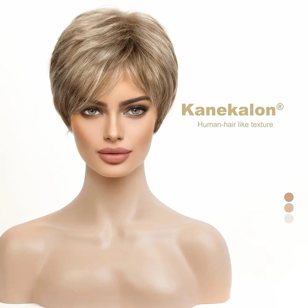 Crown & Glory Wigs  Pixie Cut Short Bob Wigs with Bang Brown Layered Straight Kanekalon Synthetic Wig Human-hair Like Texture Natural Daily Use Hair