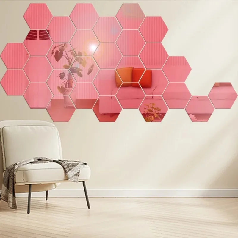 Living room  48/6pcs 3D Mirror Wall Sticker Hexagon Acrylic Self Adhesive Mosaic Tile Decals Removable Wall Sticker DIY Home Decor Art Mirror