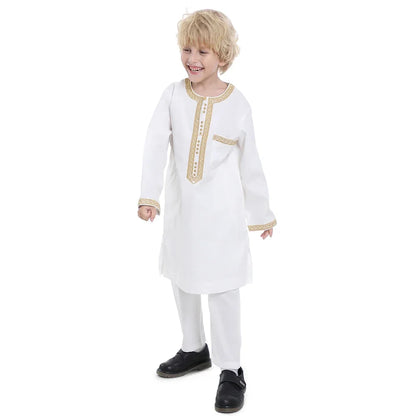 Muslim family   Muslim Children Robe 2 Piece Set Kids Boy Round Neck Long Sleeve Printed Dress Shirt Abaya Kaftan Jubba Thobe Islamic Clothing