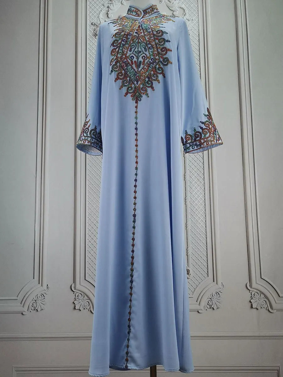 Muslim family   Siskakia Embroidery V-Neck Long Dress Dubai Arab Abaya For Muslim Woman Loose Moroccan Saudi Ethnic Jalabiya Fashion Robe 2024