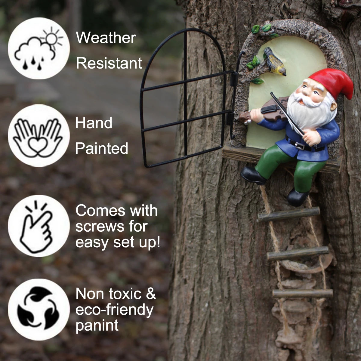 Outdoor 1 resin handicraft hanging from a dwarf playing piano tree, iron window, hanging tree, decorating courtyard tree trunks, hanging