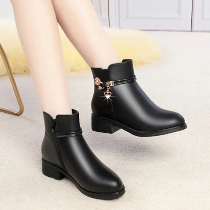 Woman shoes Women's Rhinestone Leather Boots Autumn Winter Warm Cotton Shoes Low Heel Round Head Side Zip Footwear Botas Para Mujeres