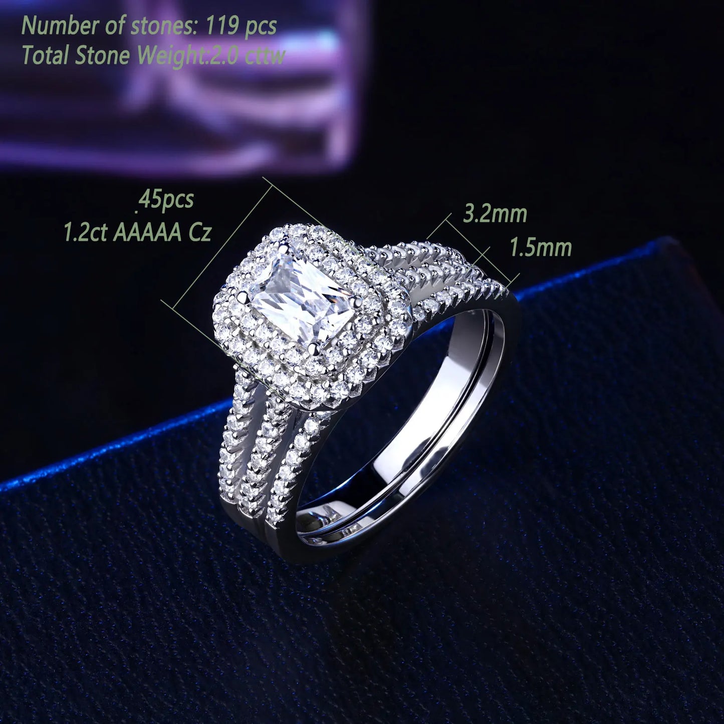 Jewellery  Solid 925 Silver Wedding Jewellry Double Halo Radiant Cut Engagement Bridal Rings for Women White AAAAA Cubic Zirconia