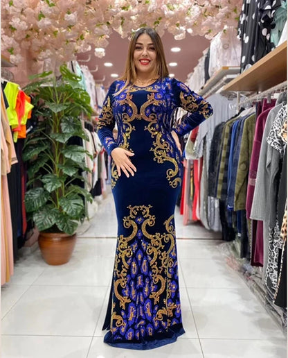 Muslim family    New Muslim Velvet Maxi Dress Cocktail Party Evening Elegant Round Neck Velvet Formal Dress Long Sleeve Maxi Dress Clothing