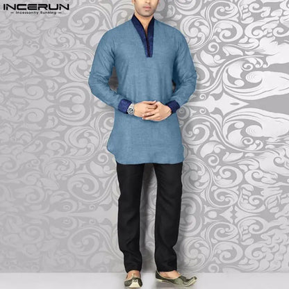 Muslim family   INCERUN Tops 2024 Muslim Style Hot Sale Mens Shirts Muslim Dual Color Patchwork Design Standing Collar Long Sleeved Blouse S-5XL