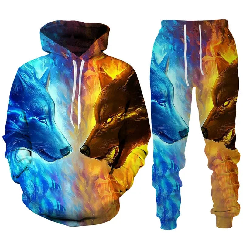 Men clothing  3D Print Hoodies Suit Man Dazzle Wolf Hip Hop Streetwear Hoodie And Pants 2pcs Sets