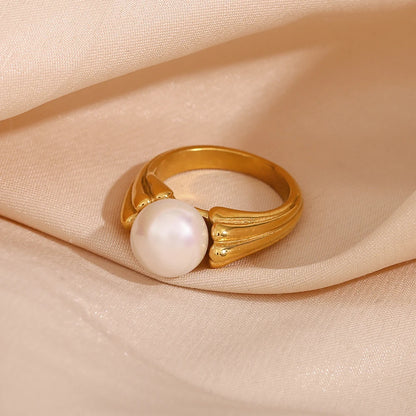 Jewellery  E.B.belle Casting Water Wave Texture Round Pearl Finger Rings For Woman Waterproof Steel Made Gold Color Index Ring