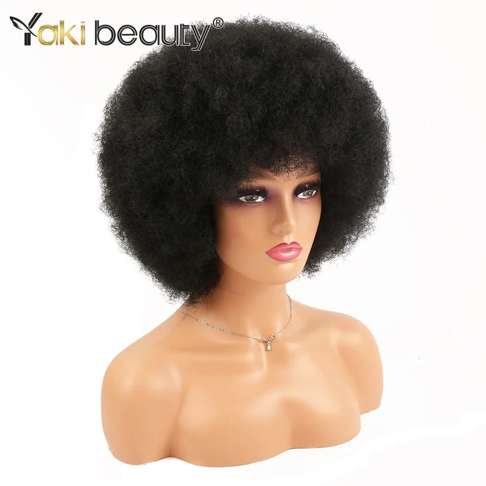 Crown & Glory Wigs Synthetic Afro Kinky Curly Wig With Bangs Big 70s Soft Afro Wig For Black Women Machine Made Cosplay Wig Natural Brown Black