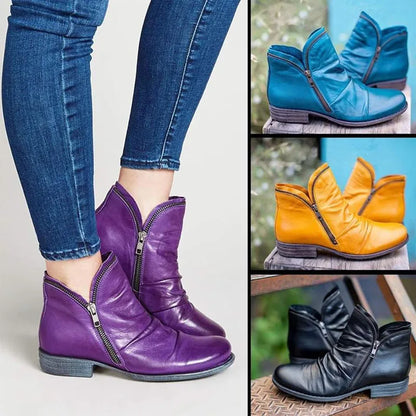 Woman shoes Fashion Purple Blue Ankle Boots Woman Autumn Casual Flat Pu Leather Short Booties Ladies Metal Zip Deco Pleated Design Botas