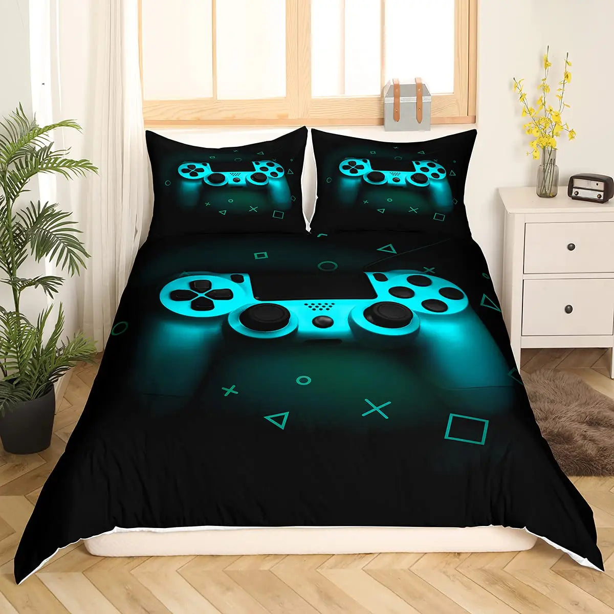 Bedroom  Teen Boys Gamer Duvet Cover Set Queen/King Size,Boys Gamepad Comforter Cover,Black Classic Retro Gaming Polyester Quilt Cover