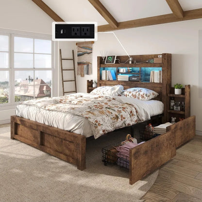 Living Room Queen Bed Frame with 49.6" Bookcase Headboard & 2 Bedside Stoage Racks & Drawers,Wood Bed Frame with RGB LED & Charging Station