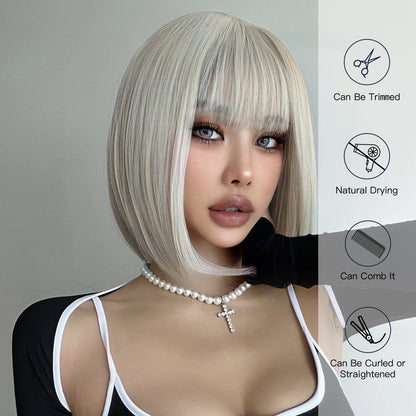 Crown & Glory Wigs   Short Straight Platinum Blonde Synthetic Wig with Bangs Cosplay Party Rice White Bob Hair Wigs for Women Heat Resistant Fibre