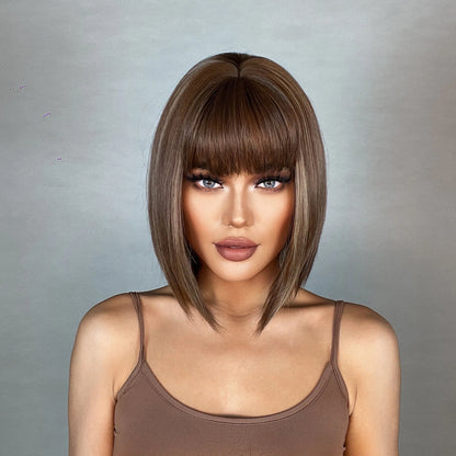 Crown & Glory Wigs  HENRY MARGU Brown Highlight Bob Wig Mixed Color Synthetic Hair for Women Natural Short Straight Wigs with Bangs High Temperature