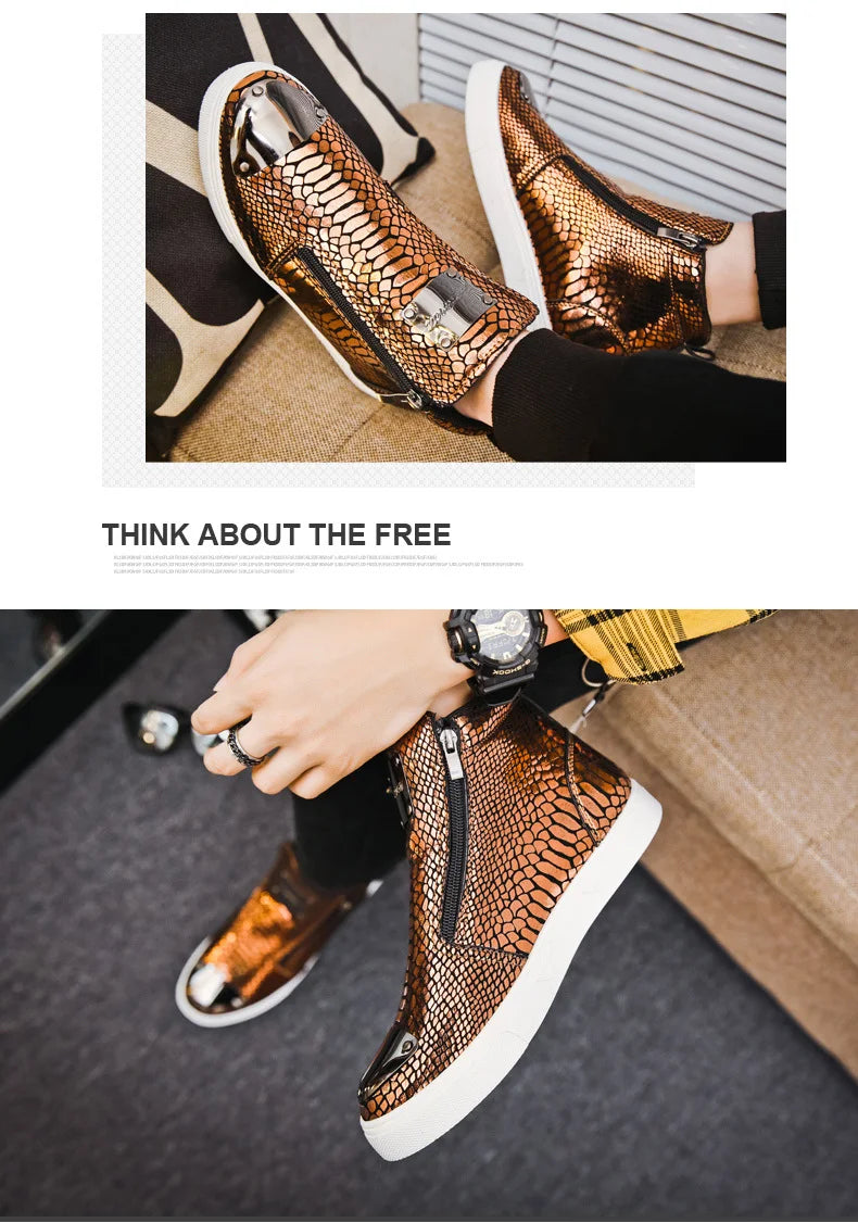 Men shoes  Hot Zipper High Top Sneakers Men Fashion Crocodile Leather Shoes For Men Luxury Golden Casual Sneakers Male Hip Hop Rock Shoes