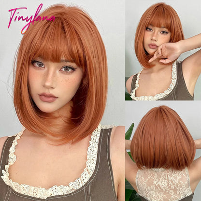 Crown & Glory Wigs Orange Short Bob Straight Synthetic Wigs with Bangs for White Women Afro Cosplay Christmas Hair Natural Daily Heat Resistant Wig