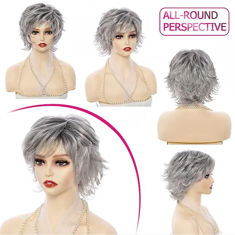 Crown & Glory Wigs HAIRJOY Women Synthetic Hair Heat Resistant Fiber  Short Curly Wigs Gray Fluffy Layered with Bangs