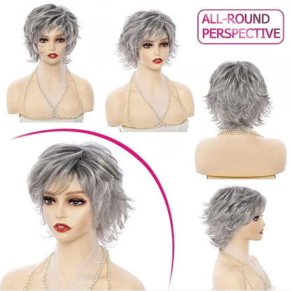 Crown & Glory Wigs HAIRJOY Women Synthetic Hair Heat Resistant Fiber  Short Curly Wigs Gray Fluffy Layered with Bangs