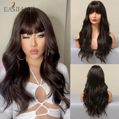 Crown & Glory Wigs EASIHAIR Dark Brown Long Wavy Synthetic Wig with Bangs Natural Wave Cosplay Daily Use Hair Wigs for Women Afro Heat Resistant