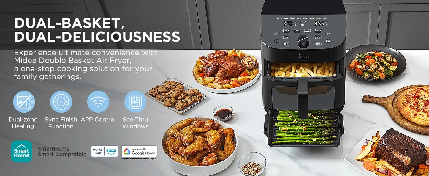 Kitchen Midea Dual Basket Air Fryer Oven 11 Quart 8 in 1 Functions Clear Window Smart Sync Finish kitchen Works with Alexa Wi-Fi Connectivity